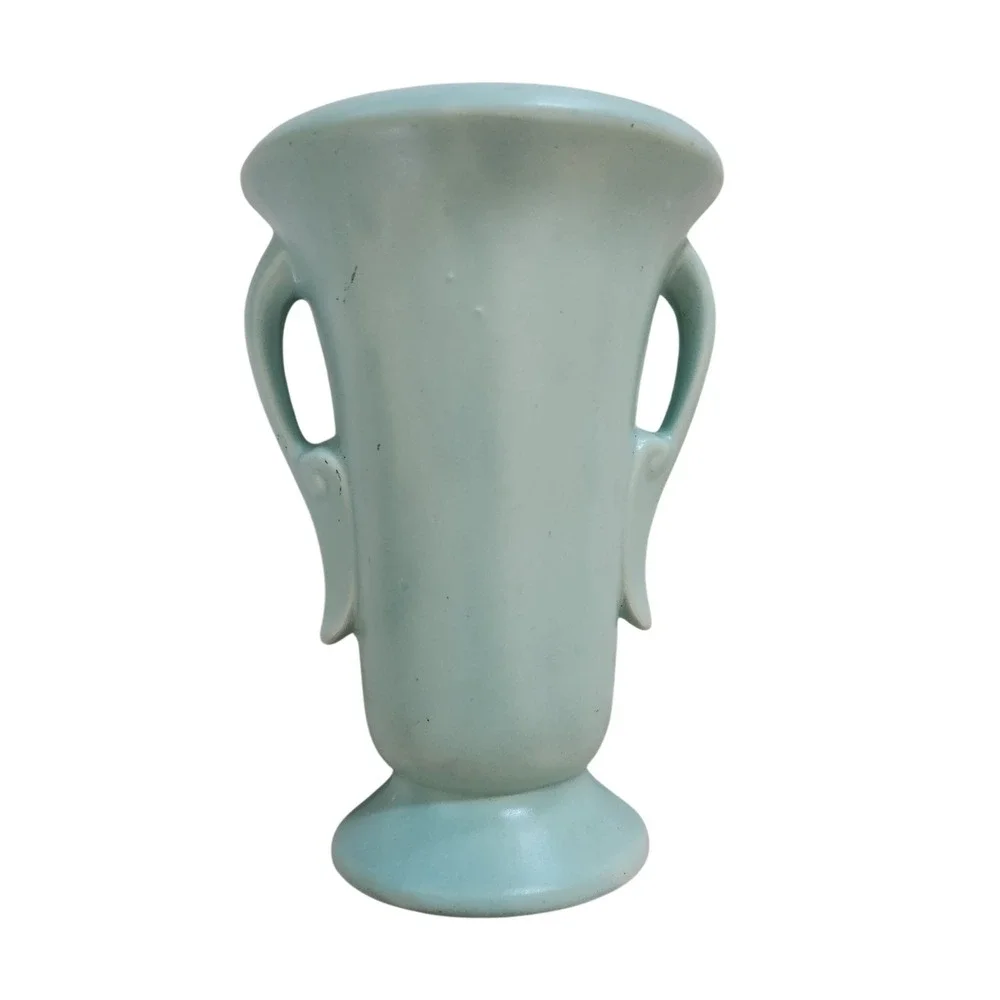 Vintage Art Deco Light Blue Matte Ceramic Double Handled Urn Vase 6 Inch